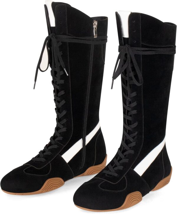 Women’s Suede Lace Up Tall Boxing Boots Knee High Retro Dance Streetwear Sneakers with Side Zipper Flexible Non-Slip Sole