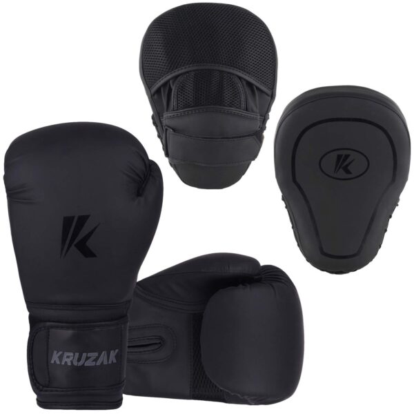 Kruzak Matte Black Boxing Gloves and Focus Mitts Set for Kickboxing and Muay ...
