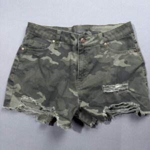 No Boundaries Camo Jean Shorts High Rise Distressed Frayed Hem Size 5