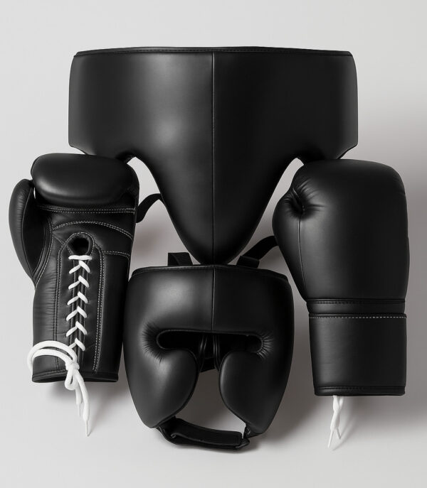 Black Leather Boxing Gloves Set with Headgear & Groin Guard– Adult Training Gear
