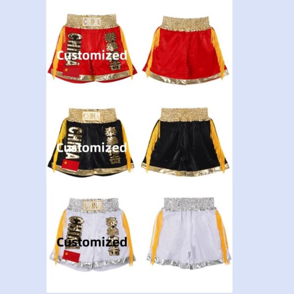 Boxing Shorts Gold Tassels Leg Ends Embroidery Muay Thai Satin Fabric Flexible