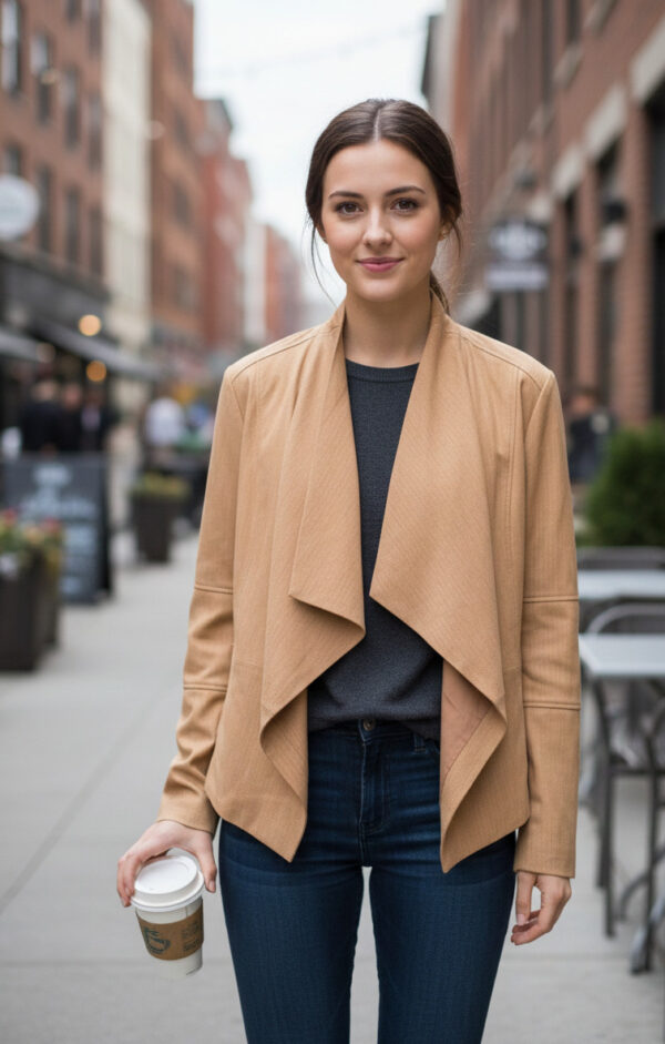 G.I.L.I Jacket Womens 14 Brown Leather Lined Pockets Casual Draped Open Front