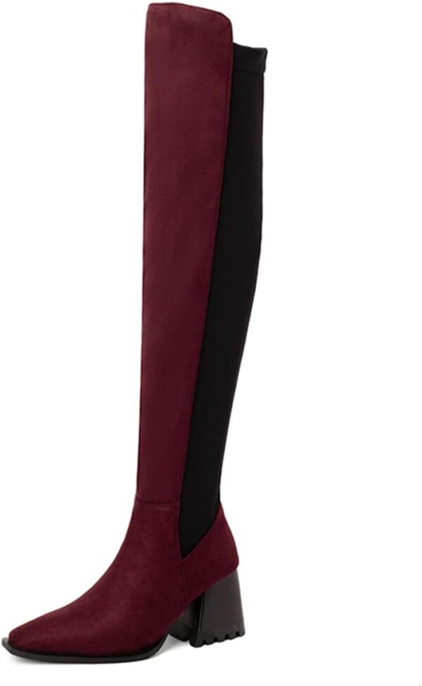 Women's Fashion Over The Knee Thigh High Boots Square Toe Pull On Chunky High Heels Two Toned Dressy Boots