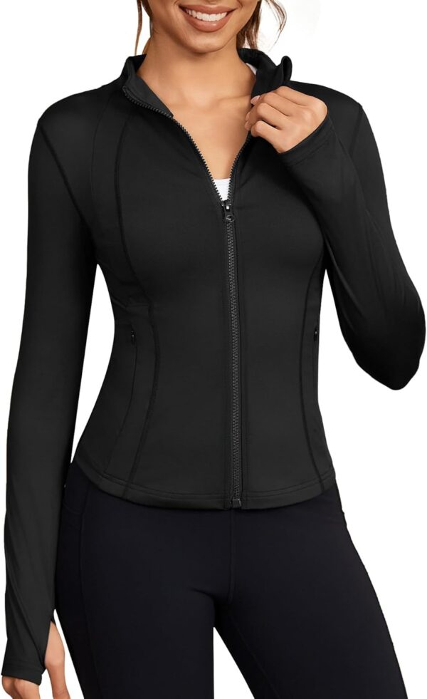 Workout Jackets for Women Lightweight Zip Up Slim Fit Yoga Sportwear Stretchy Crooped Running Jacket with Thumb Holes