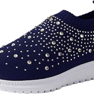 Womens Rhinestone Sneakers Mesh Sport Shoes Slip On Walking Shoes Wedge Orthopedic Breathable Sneaker Casual Spakle Glitter Sneakers Ballroom Jazz Latin Dance Sock Shoe