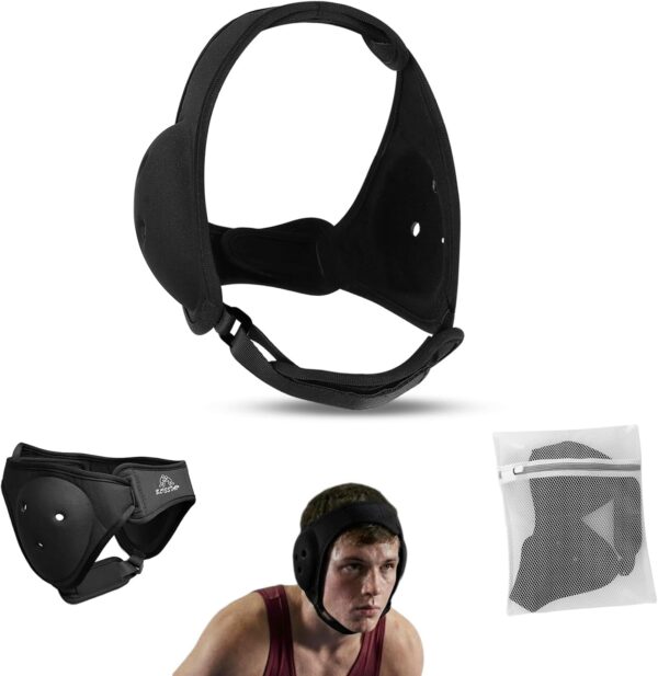 Wrestling Headgear and BJJ Ear Guard, Soft and Low Profile, Reinforced Stitching, Padded Chin Strap, Includes Protective Storage & Washing Bag