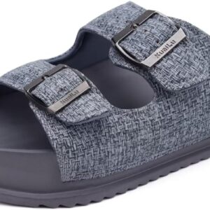 KuaiLu Womens Sandals with Arch Support Comfortable Orthopedic Cushion Recovery Slides Summer Fashion Leather Double Buckle Casual Slip On Plantar Fasciitis Shoes for Indoor&Outdoor (US Size 6-12)
