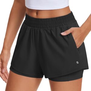 Stelle Women's 2 in 1 Running Shorts Athletic Workout Gym Shorts High Waisted Shorts with Liner Zipper Pockets