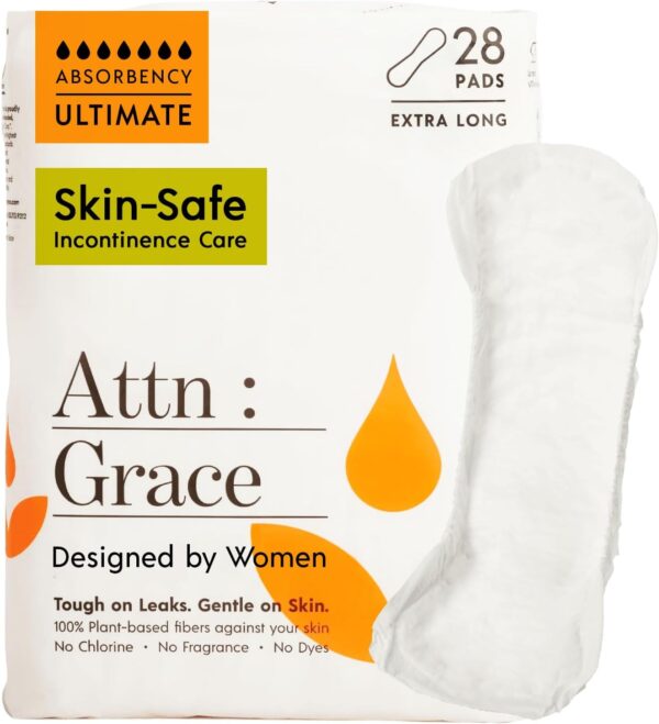 Attn: Grace Ultimate Incontinence Pads for Women, 28-Pack - High Absorbency, Breathable, Plant-Based - Overnight Pads for Heavy Bladder Leaks & Sensitive Skin