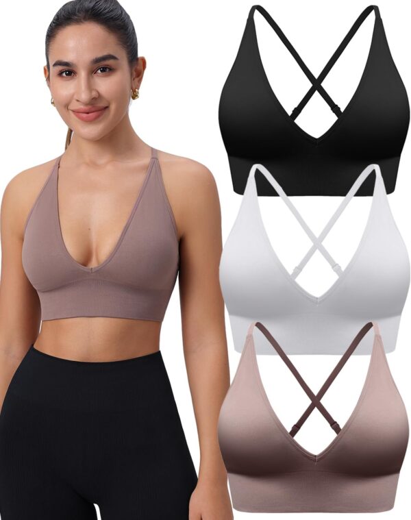 Evercute Women's Sports Bras 3/4 Pack Adjustable Deep V Neck Bras Wireless Spaghetti Strap Criss Cross Padded Low Support Bra