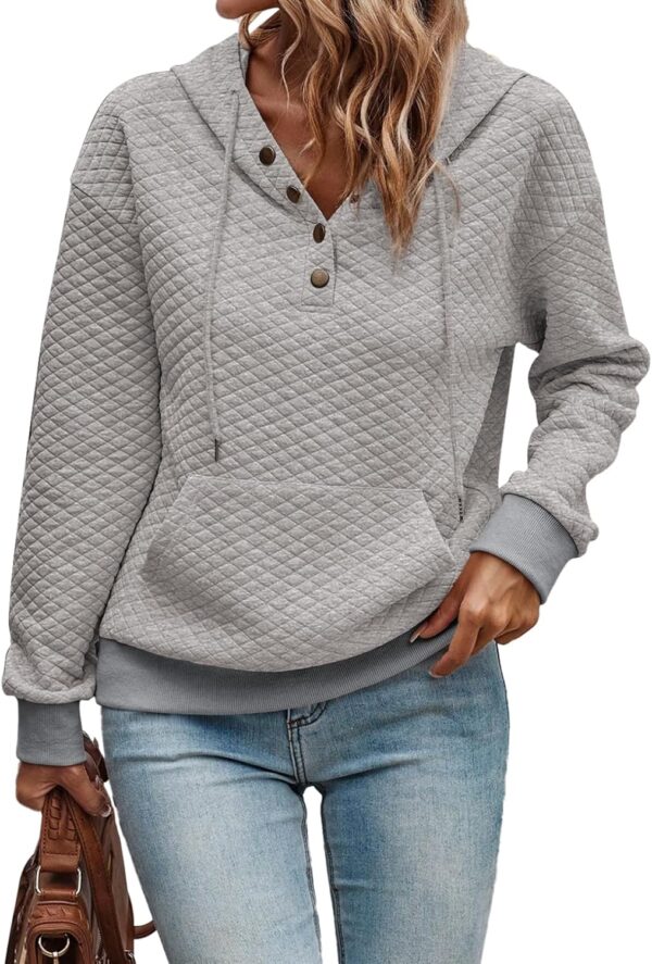SHEWIN Women's Hoodies Casual Long Sleeve Quilted Half Button Drawstring Hooded Sweatshirt