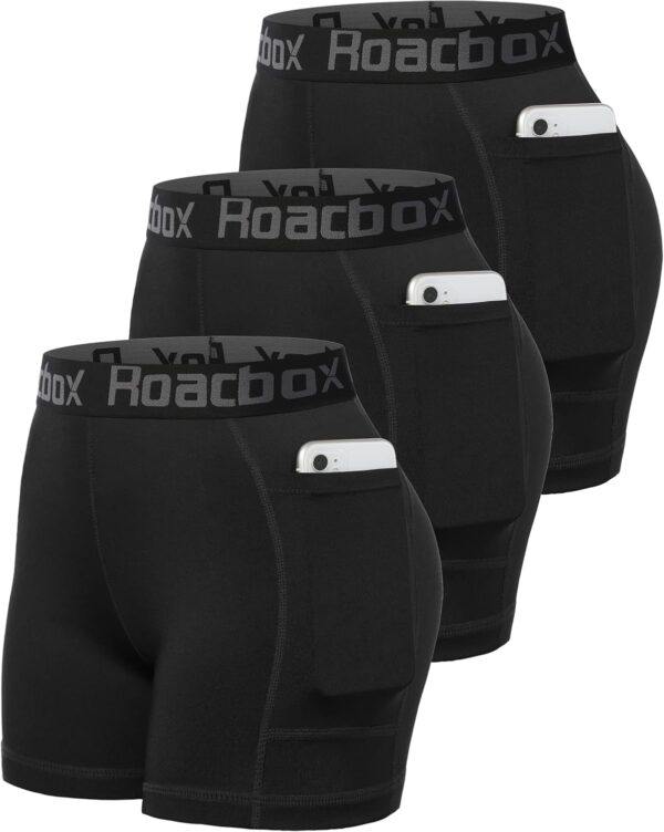 Roadbox Women's Volleyball Compression Shorts with Pockets, 3 Pack Spandex Workout Athletic Shorts for Running Gym Yoga