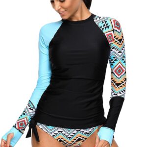 Women's Long Sleeves Rash Guard Athletic Swim Aztec Tankini Sets Swimsuit