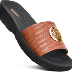 AEROTHOTIC Womens Slides Slip On Recovery Footwear Plantar Fasciitis Slides for Women with Arch Support Yoga Mat Indoor Outdoor Walking Ladies Soft Padded Dressy Non Slip Foodbed Beach Sandals Women