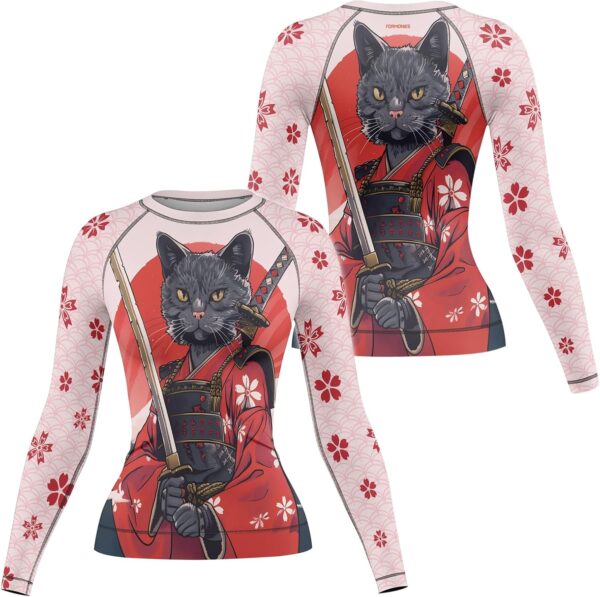 FORMONIES Samurai Pets Women’s Compression Shirt – Long Sleeve Rash Guard Base Layer for MMA BJJ Grappling