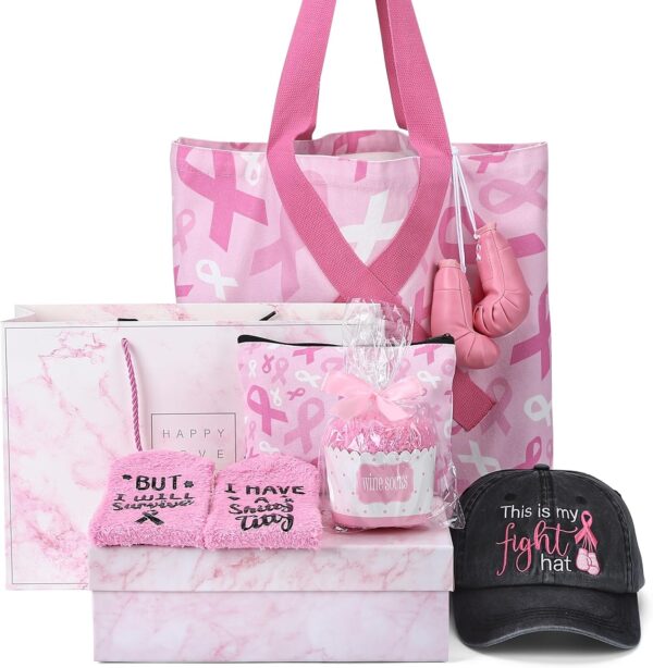 6 Pcs Breast Cancer Gifts for Women Include Baseball Cap Funny Socks Mini Boxing Gloves Cosmetic Bag Tote Bag Gift Box for Cancer Patients