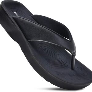 AEROTHOTIC Comfy Flip Flops for Women with Arch Support Orthotic Footbed Stylish Faux Leather Padded Straps with Soft Toe Post & Non-Slip Sole Slip On Casual Indoor and Outdoor Ladies Sandals