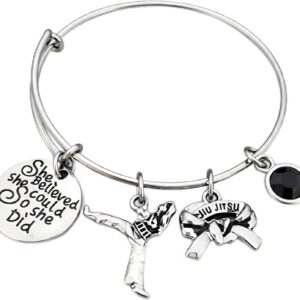 Sportybella Jiu Jitsu Bracelet She Believed She Could So She Did Adjustable Stainless Steel Bangle with BJJ Black Belt Charm Gift for Women