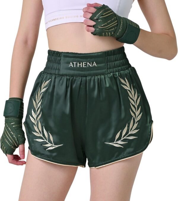 Women's Green & Gold Muay Thai Shorts Athena with Built-in Safety Compression Tights. Muay Thai Kickboxing Training