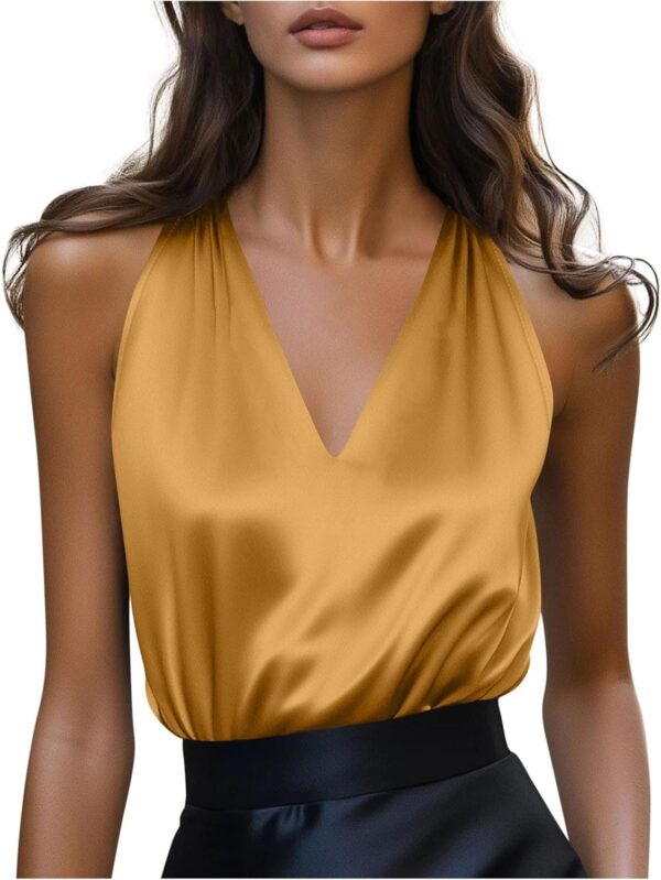 Womens Silk Satin Camisole Tank Tops V Neck Pleated Dressy Casual Sleeveless Blouses Summer Business Work Shirts