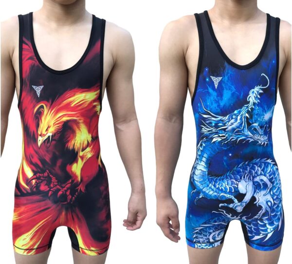 ri-Titans Ryu- Dragon vs Phoenix Reversible Red Blue Wrestling Singlet - Freestyle Roman Folkstyle