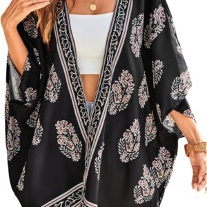 SweatyRocks Women Kimono Vintage Floral Beach Long Cover Up