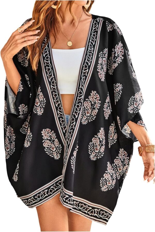 SweatyRocks Women Kimono Vintage Floral Beach Long Cover Up