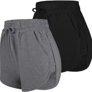 URATOT 2 Pack Cotton Yoga Short Women Summer Running Gym Sports Waistband Shorts with Pockets