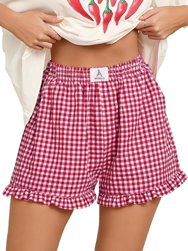 ANRABESS Womens Ruffle Boxer Shorts Pajama Gingham Shorts Summer Casual Lounge Sleep Plaid Beach Bottoms Pockets 2026 Trendy