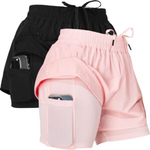 Ultra Performance Gym Shorts Women Pack of 2, Nylon Compression Workout Shorts Women with Liner