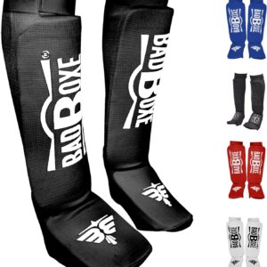 Twister Muay Thai Boxing Kickboxing Karate Taekwondo MMA | Elastic Cotton Cloth Shin & Instep Padded Guards | Shin in Steps Shin Guards Pair (Black/White, Small/Medium)