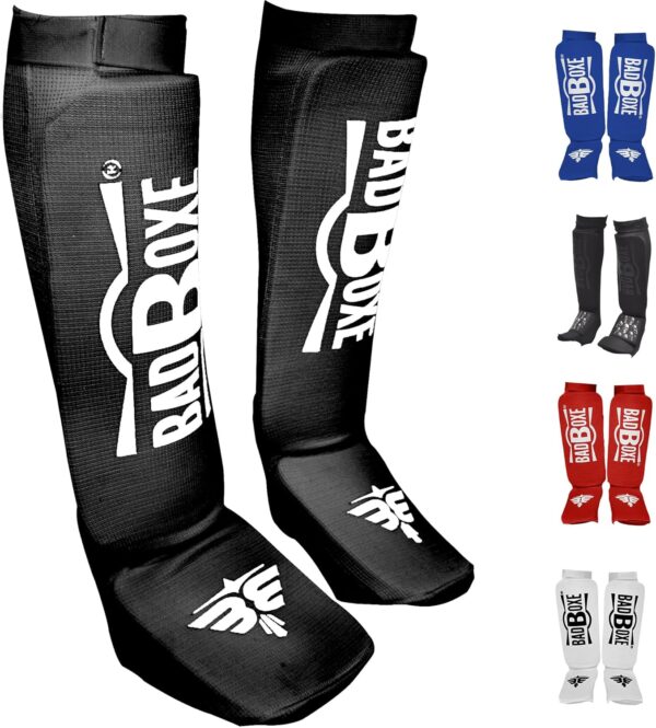 Twister Muay Thai Boxing Kickboxing Karate Taekwondo MMA | Elastic Cotton Cloth Shin & Instep Padded Guards | Shin in Steps Shin Guards Pair (Black/White, Small/Medium)