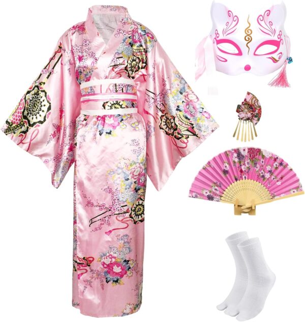 Kimonos for Women Japanese Dress Yukata Geisha Costume Fancy Robe Anime Cosplay Maid Outfit Mask Hand Fan Socks Set