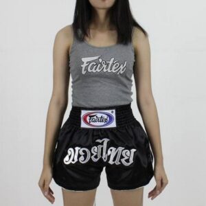 FAIRTEX MUAY THAI KICK BOXING  SATIN SHORTS BLACK BS205 THAI FONT WOMEN CUT MMA