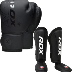 RDX Boxing Gloves 16Oz & Shin Guards Kickboxing (Medium Size), Premium Maya Hide Leather Adult Heavy Punching Bag Gloves with Leg Instep Protection Pads, MMA Muay Thai, Sparring BJJ Karate Taekwondo