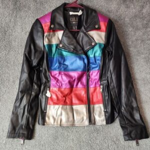 G.I.L.I Faux Leather Bomber Jacket Rainbow Womens Size 2 Zip Sleeves