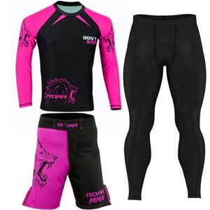 ROAR Pink Ladies Rash Guard Set MMA Shorts Female BJJ Spats No Gi Fight Wear
