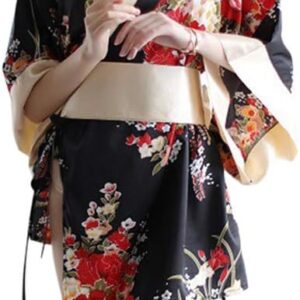 SIQITECHNO Womens Floral Kimono Bathrobe Mini Dress Nightgown Nightwear Japanese Short Yukata Sleepwear Outfit Belt Lingerie