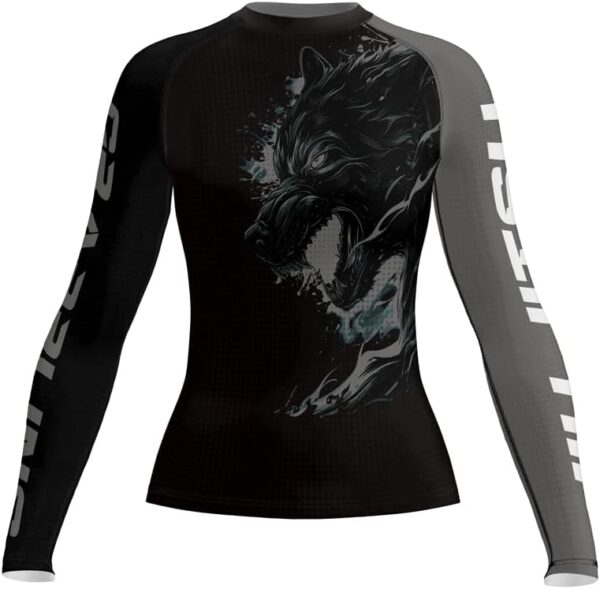 Wolf Grappling Rash Guard for Women Long Sleeve Base Layer Compression Shirt for MMA BJJ Jiu Jitsu