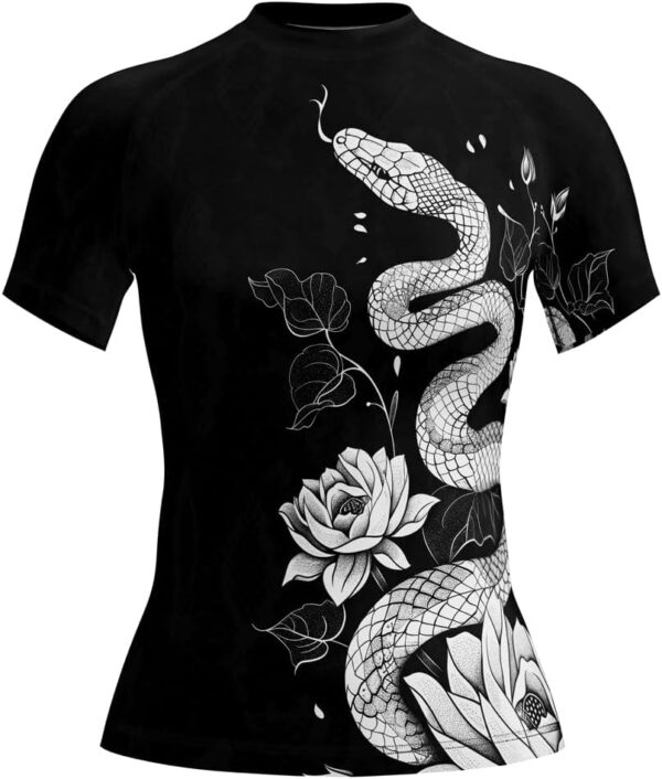Women’s Snake Rash Guard – Short Sleeve Compression Shirt for BJJ MMA Grappling & No-Gi Training