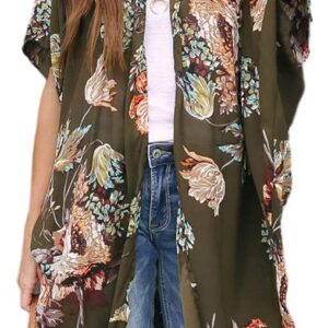 Ivay Womens Floral Kimono Duster Cardigans Short Sleeve Draped Oversized Beach Cover Up Cape