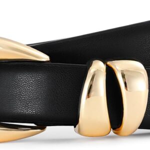 Belts for Women with Gold Buckle – Adjustable Black leather Belt for Jeans, Dress, Pants