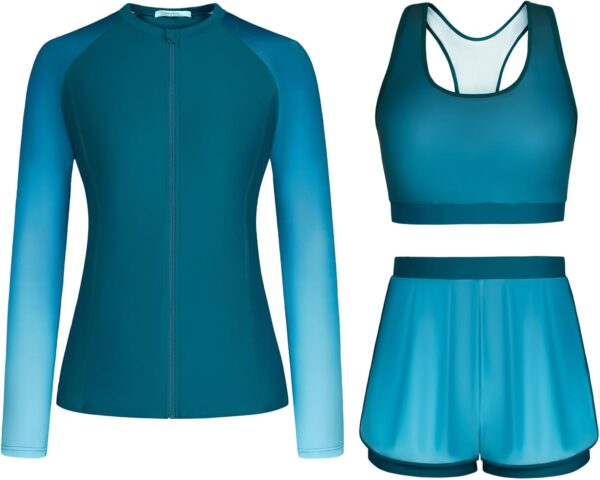 JASAMBAC 3 Piece Rash Guard for Women, Long Sleeve Swimsuits Bathing Suit 2026, UPF 50+ Swim Shirt with Built in Bra & Shorts