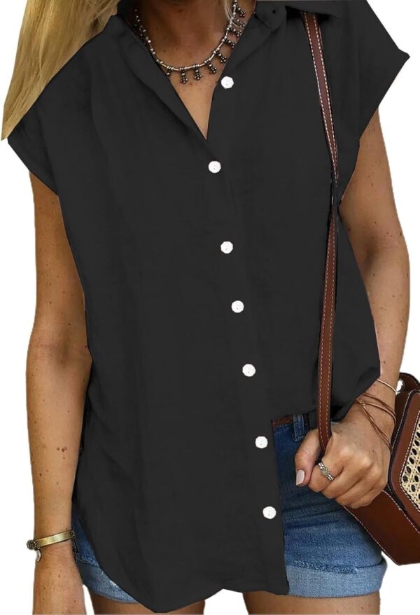 Womens Button Down Shirts Short Sleeve Summer Collared V Neck Solid Shirt Lightweight Casual Tops for Women