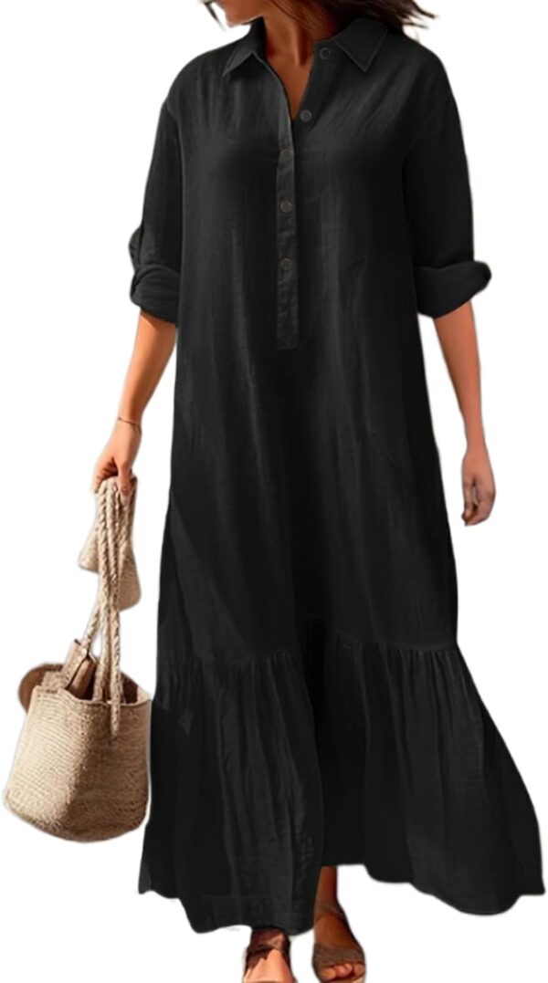 Women's Cotton Linen Maxi Shirt Dress Casual Plus Size Lapel Button Long Sleeve Ruffle Hem Dresses with Pockets