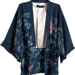 Women Kimono Cover Up Japanese Style Cardigan Floral Print 3/4 Sleeve Women Blouse Coat Casual Jacket