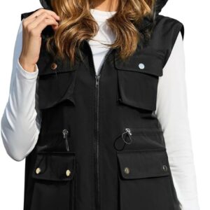 PESION Womens Packable Military Utility Vests Outerwear Waterproof Windbreaker Jacket Cargo Vest with Removable Hood