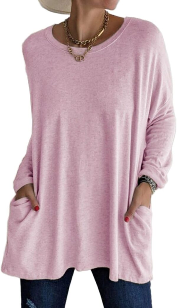 Womens Fall Tunic Tops Casual Long Sleeve Crewneck T Shirts Blouses Solid Baggy Pullover Shirts with Pockets