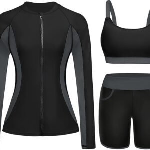 Women 3 Piece Rash Guard - Long Sleeve Swimsuit Built in Bra Swim Shirt Zip Bathing Suit with Pocket Shorts