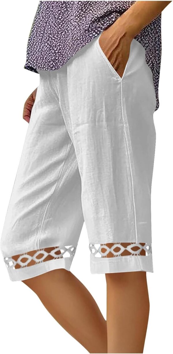 2026 Women Cotton Linen Capri Pants Casual Straight Leg Trousers Summer Beach Cut Out Hem Shorts with Pockets